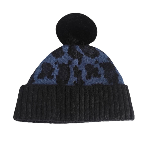 Kate Spade New York Blue Knit Beanie Hat Faux Fur Pom Winter - Picture 5 of 10